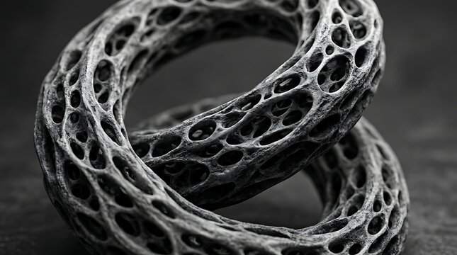 Geometric torus shape constructed from porous lattice material rests on a dark textured surface.