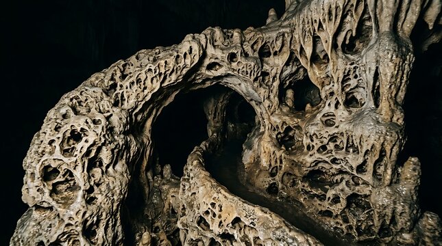 Stalactite formation displays complex porous textures within a dark underground cavern environment.
