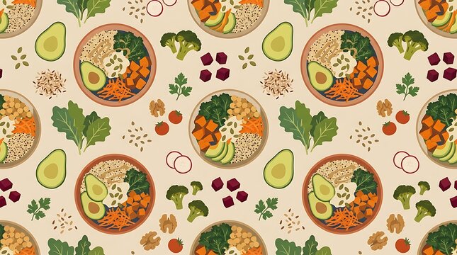 Seamless pattern of healthy vegetarian buddha bowls and vegetables