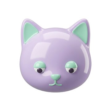 3D Rendered Cute Purple Cat Head Character Icon with a Confused Expression Isolated on a Clean White Background