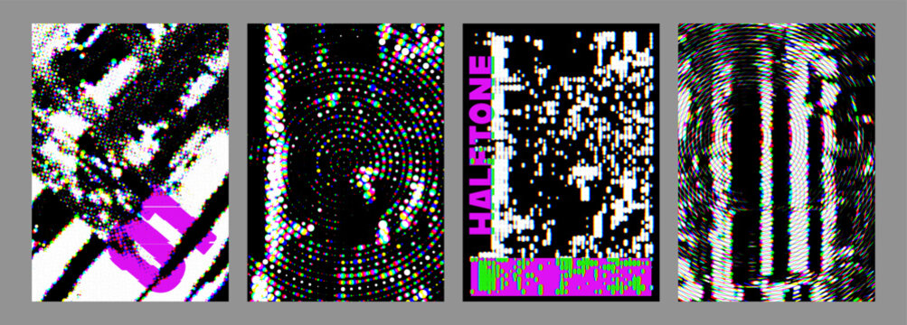 Glitch art halftone poster vector set, chromatic aberration and RGB split effect template, abstract digital pixel noise layout for brutalist techno flyer or cyberpunk music album cover design