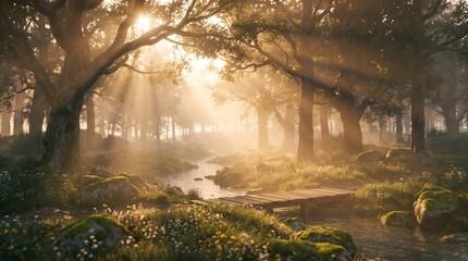Serene forest landscape with wooden bridge over a stream at sunrise nature peaceful sunlight river water trees foliage greenery moss rocks boulders flowers © Stefanus