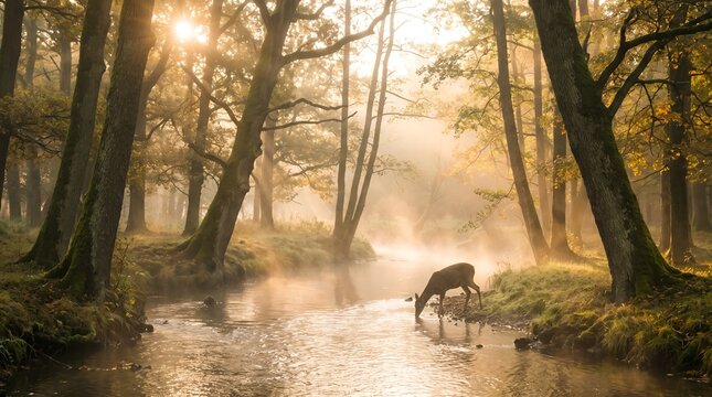 Deer bends down to drink from a serene forest stream at sunrise autumn calm countryside creek early morning fall fog golden green landscape