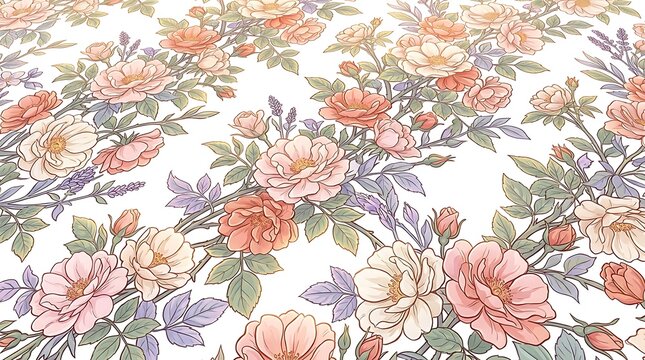 Elegant botanical rose pattern with peach and lavender flowers
