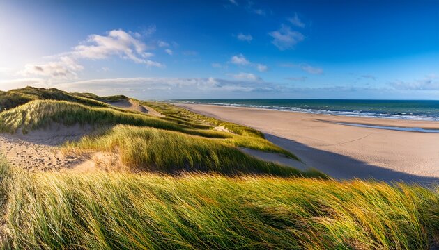 Beautiful Wide Panorama Views Of The Endless Grass Beach Sand Dunes On The Danish Coast With Warm Spring Summer Sunlight Nationalpark Thy In North Jutland In Denmark On The Danish Noth Sea Coast