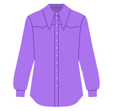 Purple western style shirt with pointed collar, long sleeves and shaped yoke detail, structured silhouette. Technical fashion illustration front view in flat color, modern clothing template. Vector