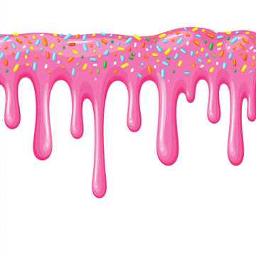 Pink dripping icing with colorful sprinkles on a white background, sweet dessert topping.