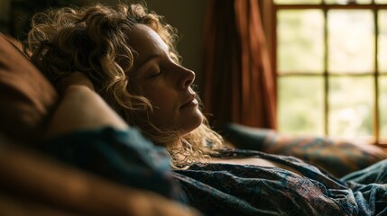 Obraz premium Woman resting peacefully with eyes closed on a couch near a window
