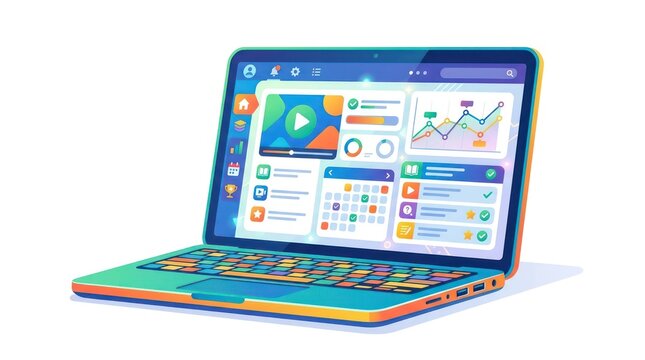 Modern learning dashboard with analytics graphs and course planner on laptop screen view.