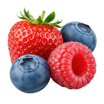 A single vibrant red strawberry, two deep sapphire blueberries, and a pinkish-red raspberry, perfectly ripe and dewy, arranged closely on a transparent background, ultra photorealistic close-up macro,
