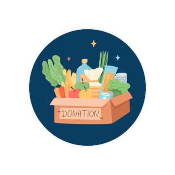 Round flat sticker shows donation box with food gift and charity mood. This food container serves as community help icon and simple symbol of support for needy hunger projects welfare ngo label use