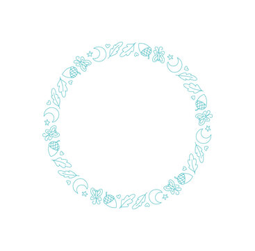 Round frame with camp, outdoor and adventure motif in simple blue line doodle style. Nature and forest elements create a camping travel accent for hiking, suitable for graphic frame use.