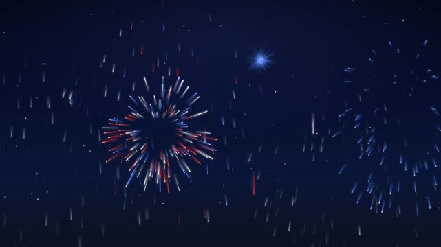 Dynamic motion graphic of realistic fireworks bursting with red, white, and blue sparks over a dark night sky