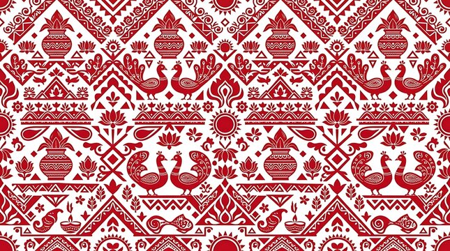 Traditional red and white indian folk art pattern with peacocks
