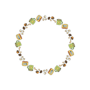 Circle adventure doodle frame with color mug and map accents. Expedition, camp, and nature trip form a travel motif in this creative outdoor frame for recreation backgrounds themed projects.