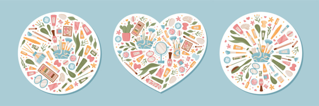 Cartoon skincare beauty icon set in soft pastel circle and heart shapes sticker. Cute cosmetic product bundle for face and body care as spa or makeup concept. Flat sticker collection for modern skin