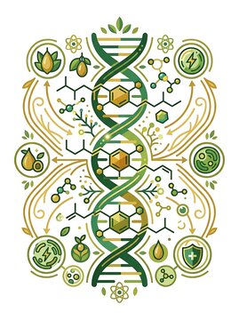 Symmetrical dna helix with biological and molecular symbols