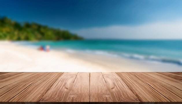 Wooden Table Top On Blur Beach Background Display Or Montage Products