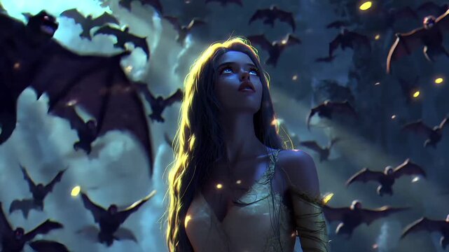Fantasy, mysterious, wallpaper. A vivid, fantasythemed digital artwork depicts a woman with long, flowing hair, gazing upwards with a serene expression.