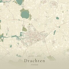 Naklejka premium Vintage Canvas Map of Drachten, Netherlands | Scandinavian Wall Art | Historic Topographic