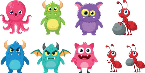 Fototapeta premium Cute Little Monster and Red Ant Character Set Featuring Fluffy Monsters, Little Demon with Wings, Octopus, and Ants Carrying Rocks Vector Graphic Elements