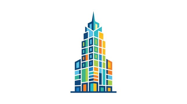 Abstract stylized skyscraper icon featuring detailed grid structure and vivid color tones.