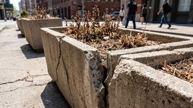 Dead dried plants in a severely cracked concrete planter on a city sidewalk. Urban vegetation suffering from extreme summer heat