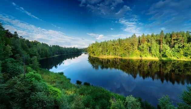 Riverbend Mirroring Dense Forest And Blue Sky Landscape Image