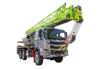 Heavy duty crane concept on white background, featuring robust industrial design, lime green boom arm, dark gray cab, black tires, metal framework, safety features, red reflective markers, yellow © Mister