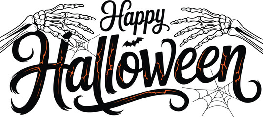 Happy Halloween vintage typography vector illustration with skeleton hands and cobwebs © Tamimkhangeox