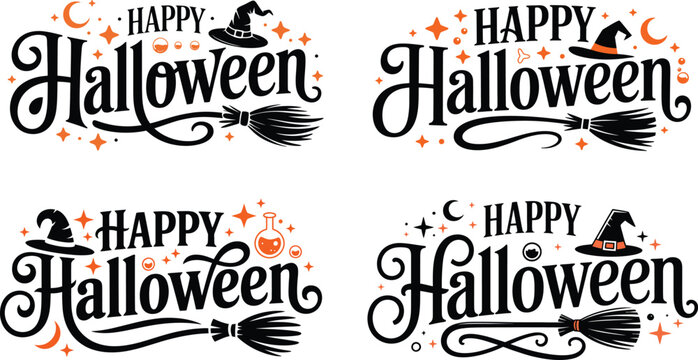 Happy Halloween Lettering Typography Vector with Witch Hat and Broom