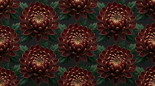 Seamless pattern of dark red chrysanthemums with gold edges