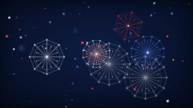 Abstract motion graphic loop with geometric fireworks patterns and glowing light effects for Independence Day background