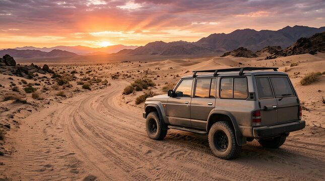 Off road vehicle on dusty desert track at sunset