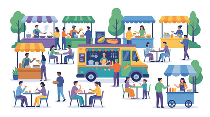 Naklejka premium Vector illustration of people enjoying food at an outdoor street food festival with food truck and stalls. EPS Editable. Vector Illustrations.