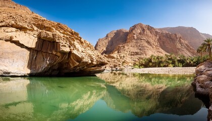 Fototapeta premium Rock Formation And Water Reflections In Wadi Tiwi Of Oman