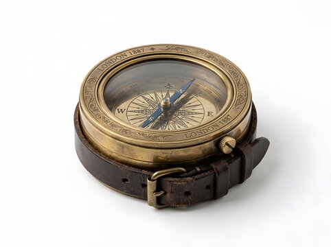 Vintage brass compass for navigation and travel. Antique direction finder with aged patina and precision markings.