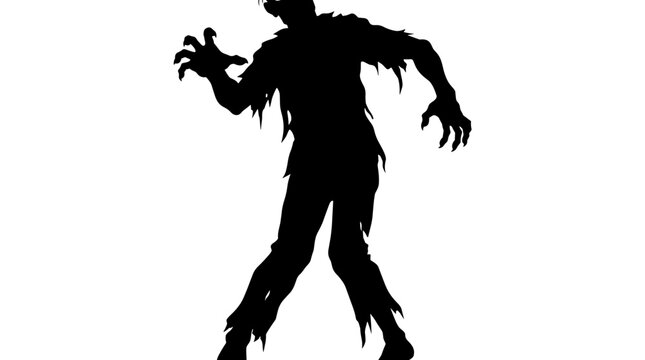 Silhouette of a ragged zombie reaching forward with claws