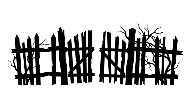Silhouette of a broken spooky wooden fence with bare branches