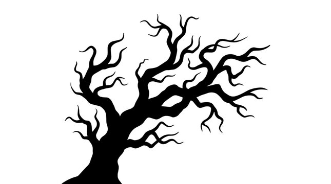 Creepy dead tree silhouette against white background