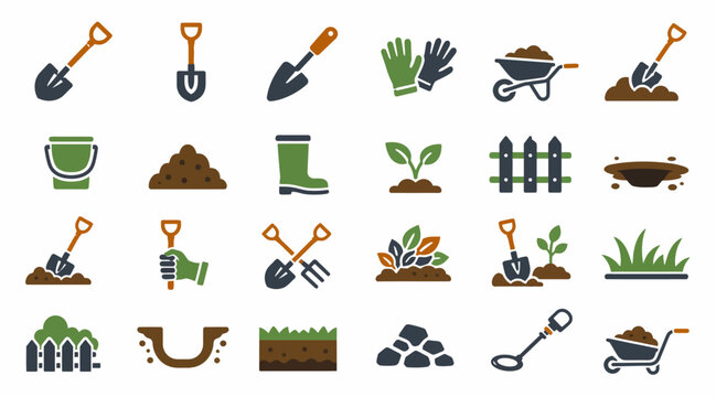 Colorful gardening tools and plants flat design icons.