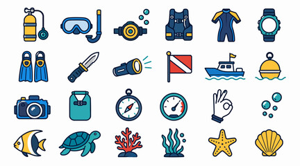Colorful Scuba Diving and Marine Life Icons Collection. © Bay