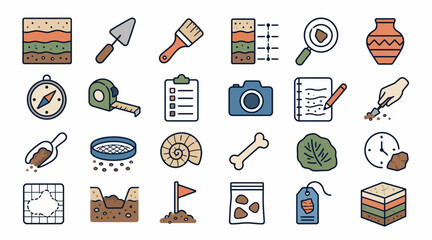 Colorful Archaeology and Geology Tools and Icons Set. © Bay