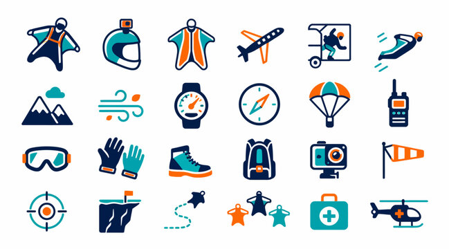 Colorful flat icons of adventure and travel activities.