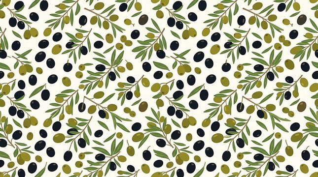 Seamless olive branch pattern with green and black fruits