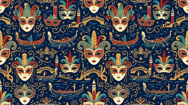 Ornate venetian carnival masks and gondolas seamless pattern