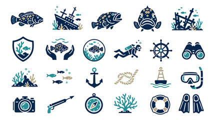Colorful Flat Design Scuba Diving and Marine Life Icons. © Bay