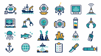 Colorful flat icons of underwater and industrial technology. © Bay