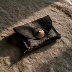 Fototapeta premium Weathered waxed canvas pouch resting on textured linen with side light