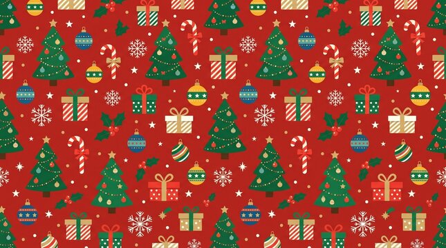 Christmas seamless pattern with gifts, candy canes, snowflakes, pine trees, ornaments, editable SVG vector, flat style